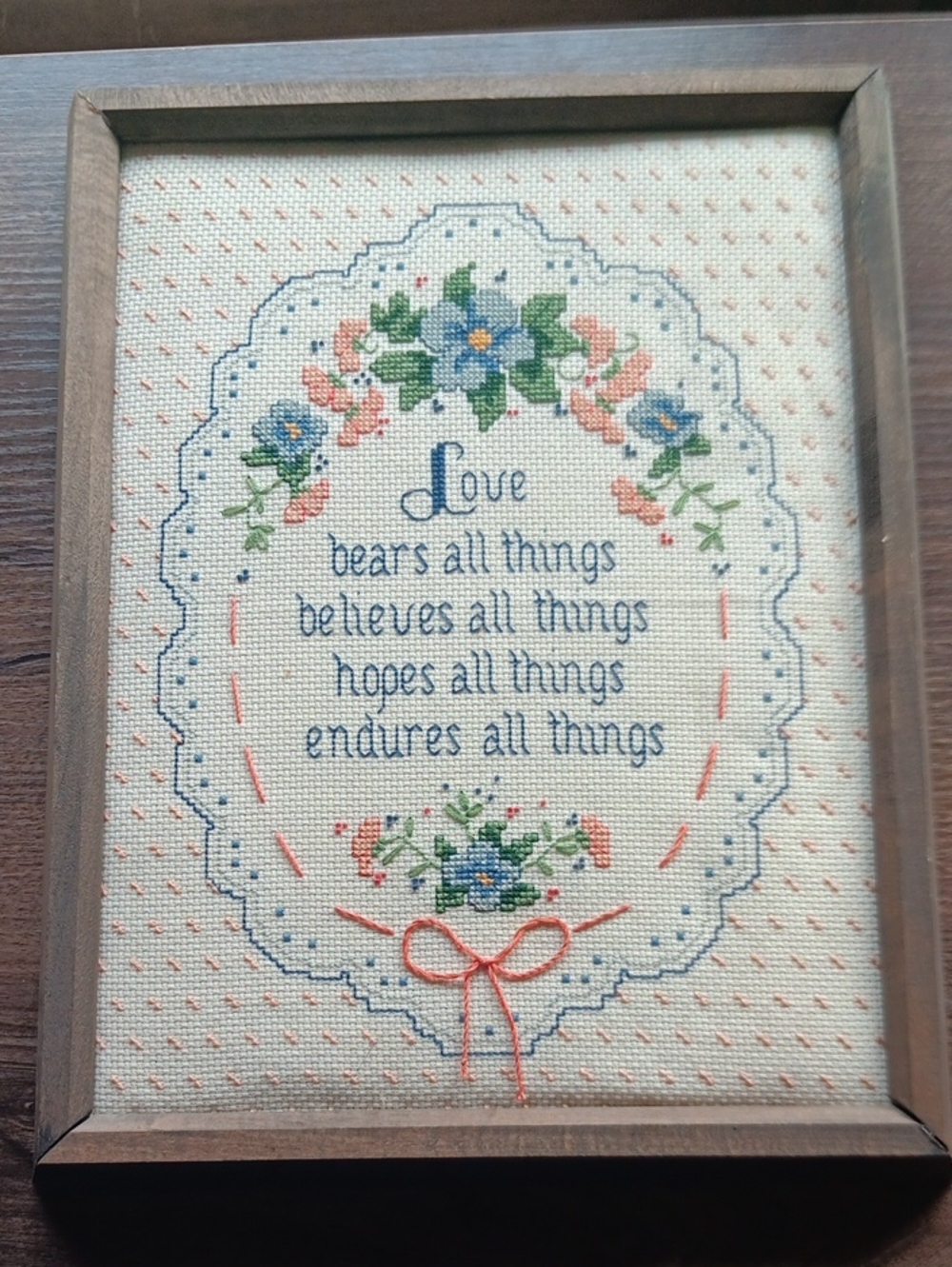 Vintage Framed Needlepoint "Loves Bears All Things" 10"W X 13 1/2"L